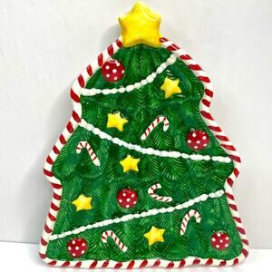 Bella Casa Christmas Tree Shaped Cookie Dish  Glossy Ceramic Green Red White New